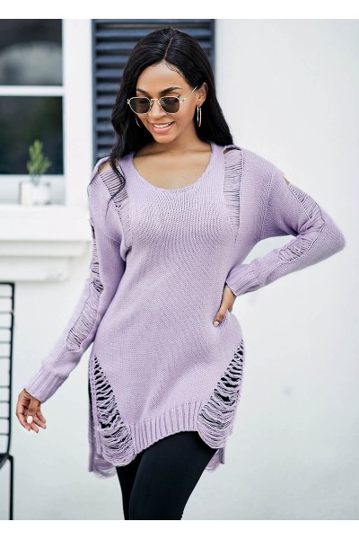 Draped Fringe Long Sleeve Asymmetric Hem Sweater