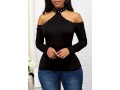 Embellished Neck Cold Shoulder Black Sweater