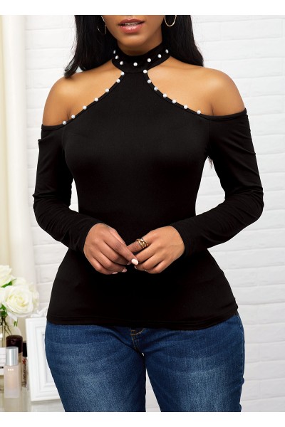 Embellished Neck Cold Shoulder Black Sweater