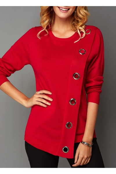 Eyelet Detail Asymmetric Hem Long Sleeve Sweater