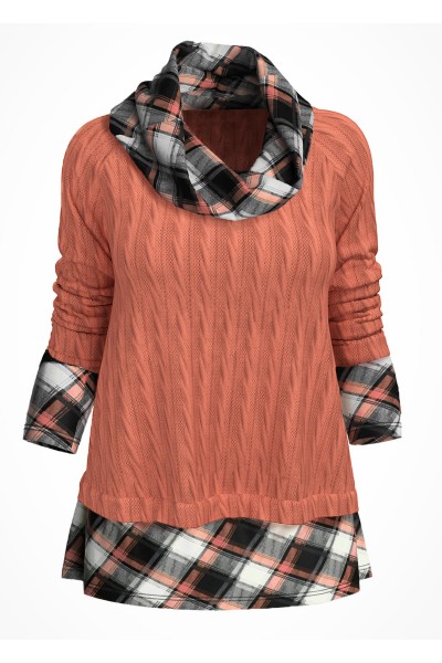 Fabric Splicing Plaid Long Sleeve Cowl Neck Sweater