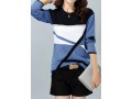 Geometric Pattern Long Sleeve Round Neck Blue Sweater