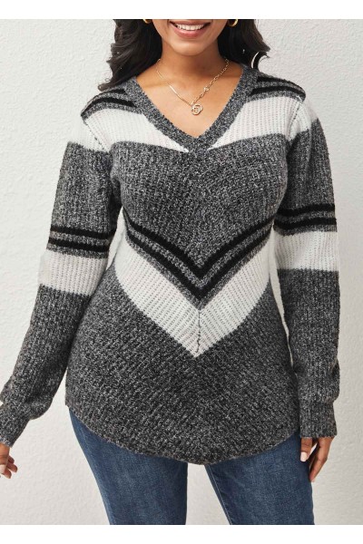 Grey V Neck Long Sleeve Sweater