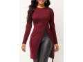 Hollow Out Wine Red Round Neck Sweater