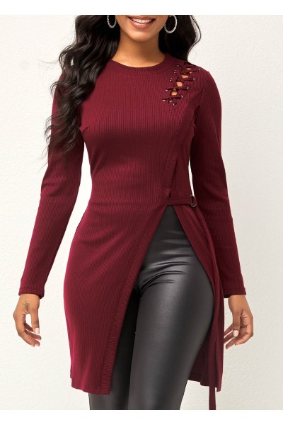 Hollow Out Wine Red Round Neck Sweater