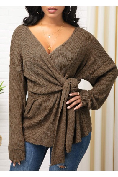 Knot Detail Plunging Neck Long Sleeve Sweater