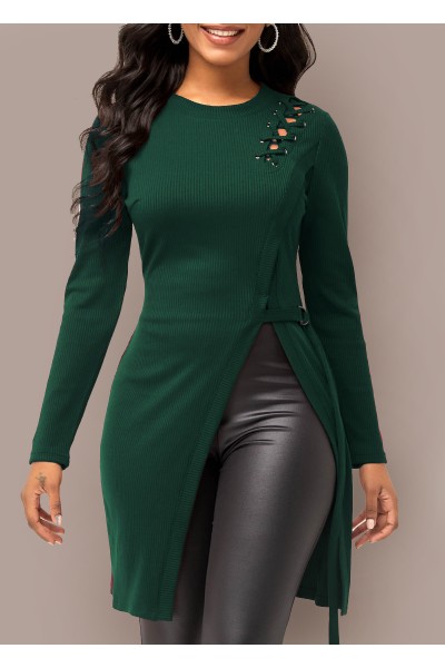 Lace Up Long Sleeve Dark Green Sweater