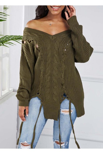 Lace Up Off Shoulder Asymmetric Hem Sweater