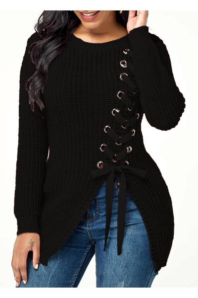 Lace Up Rib Knit Asymmetric Hem Sweater