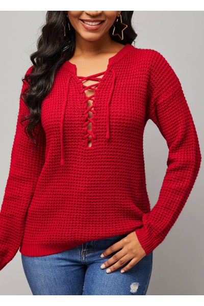 Lace Up Solid Long Sleeve Sweater