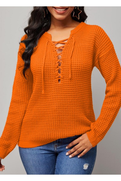 Lace Up Solid Long Sleeve Sweater