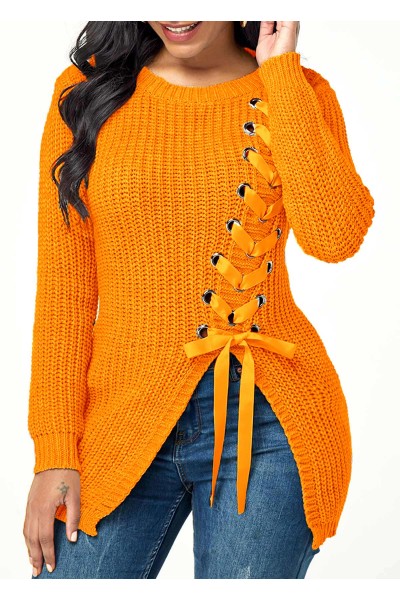 Lace Up Split Front Long Sleeve Sweater