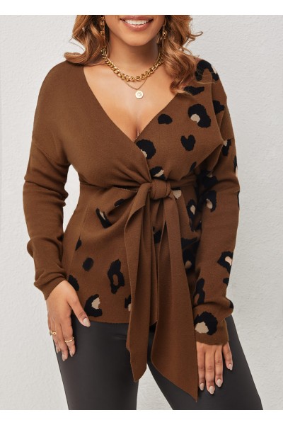 Leopard Brown Tie Front V Neck Sweater