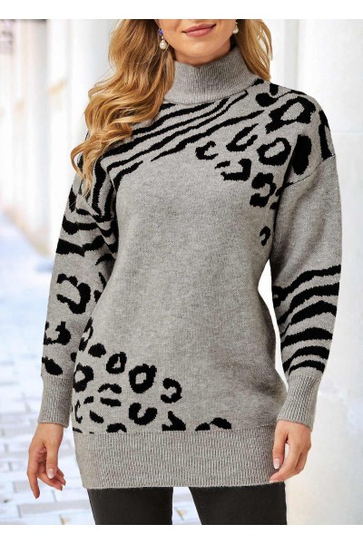 Leopard and Zebra Print Turtleneck Grey Sweater