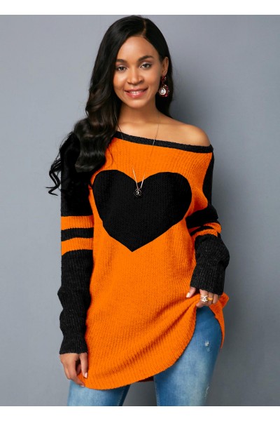 Long Sleeve Heart Design Contrast Sweater