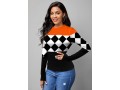 Long Sleeve Round Neck Checkered Print Sweater