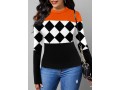 Long Sleeve Round Neck Checkered Print Sweater