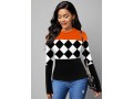 Long Sleeve Round Neck Checkered Print Sweater