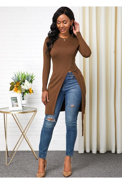 Long Sleeve Round Neck Side Slit Sweater