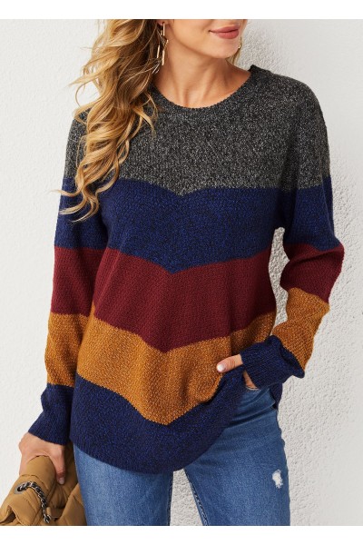 Patchwork Long Sleeve Round Neck Sweater