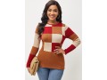 Plaid Long Sleeve Round Neck Color Block Sweater