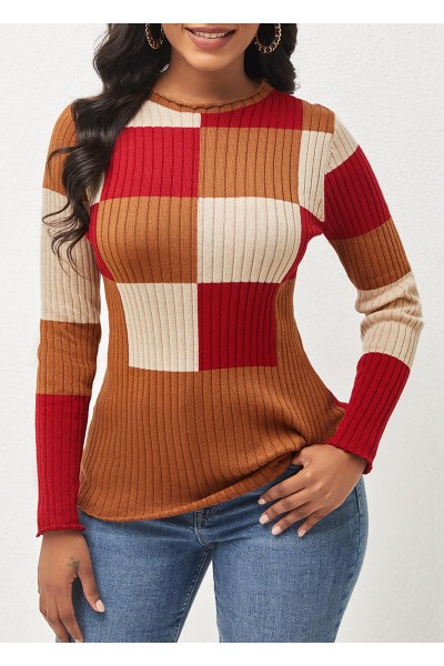 Plaid Long Sleeve Round Neck Color Block Sweater