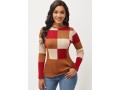 Plaid Long Sleeve Round Neck Color Block Sweater