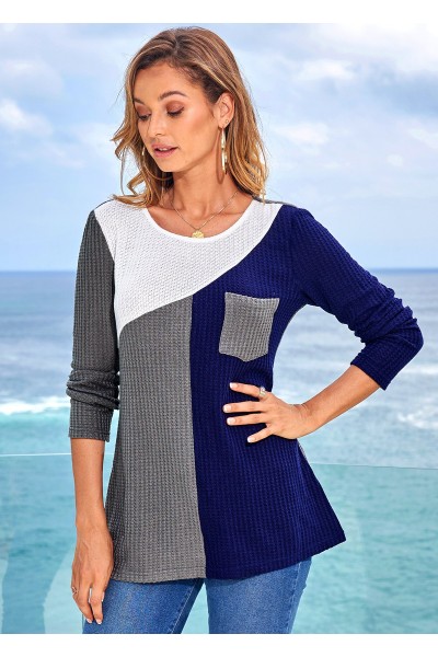 Pocket Patchwork Long Sleeve Round Neck Sweater