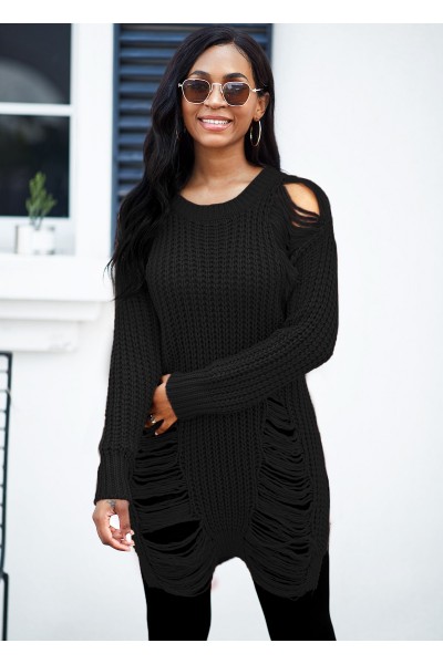 Round Neck Draped Fringe Long Sleeve Sweater