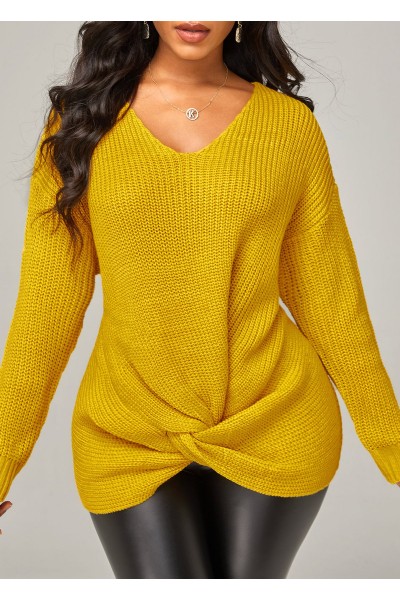 Solid Long Sleeve V Neck Twist Hem Sweater