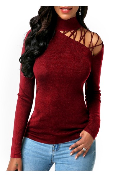 Strappy Shoulder Mock Neck Wine Red Sweater