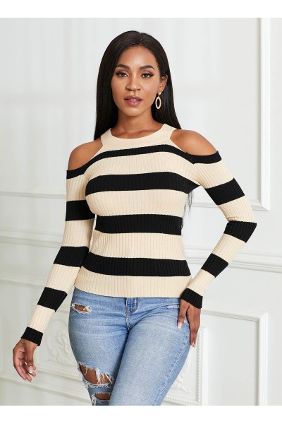 Striped Cold Shoulder Long Sleeve Sweater