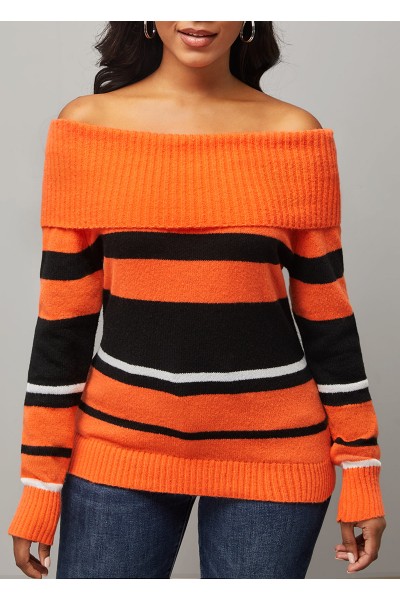 Striped Orange Off Shoulder Long Sleeve Sweater