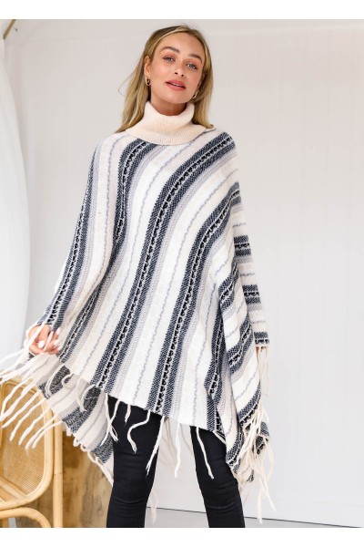 Tassel Stripe Print Long Sleeve Turtleneck Sweater