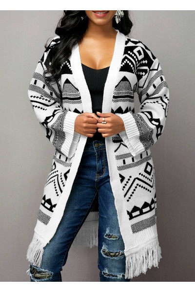 Tribal Pattern Tassel Hem Open Front Cardigan