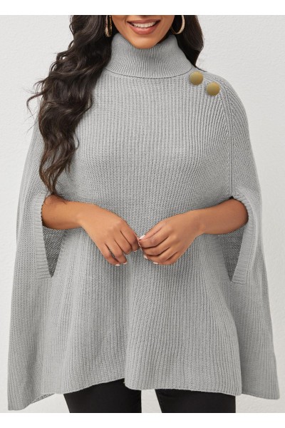 Turtleneck 3/4 Sleeve Solid Sweater Cape