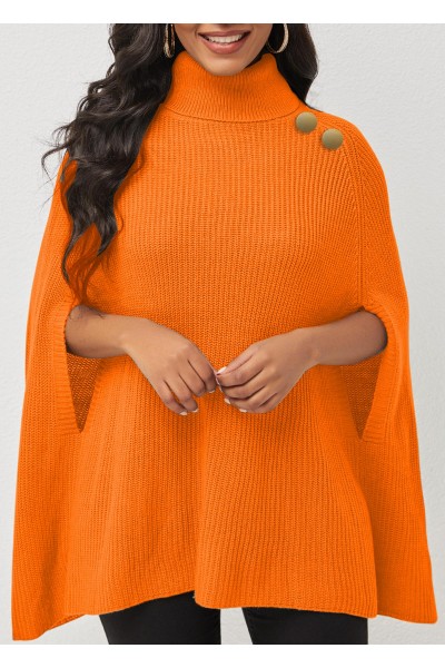 Turtleneck 3/4 Sleeve Solid Sweater Cape