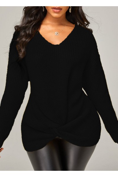 Twist Hem Black Long Sleeve Sweater