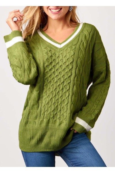 Twisted Long Sleeve V Neck Green Sweater