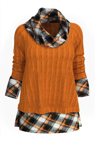 Twisted Pattern Plaid Cowl Neck Sweater