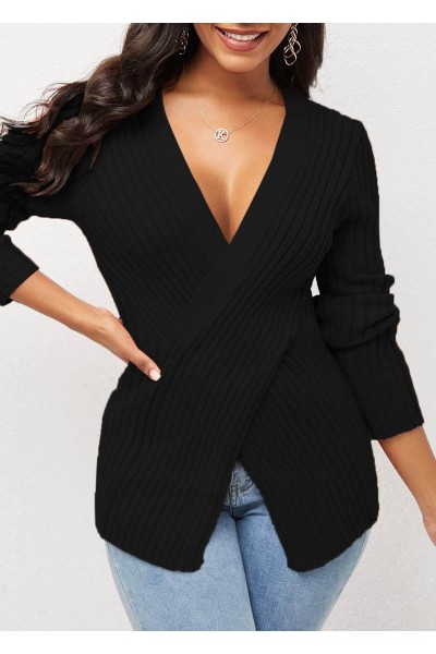 V Neck Cross Front Long Sleeve Black Sweater