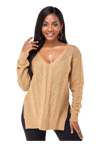 V Neck Side Slit Long Sleeve Sweater