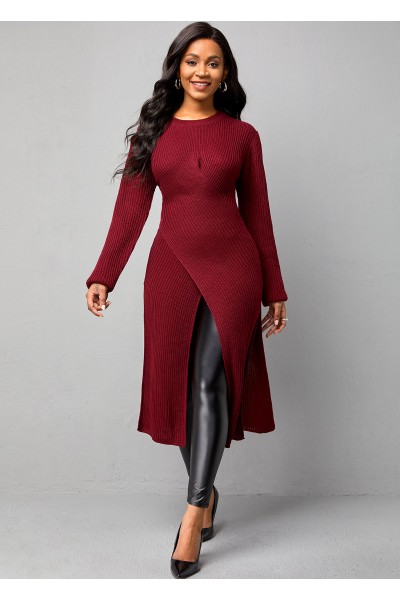 Wine Red Cross Front Long Sleeve Sweater