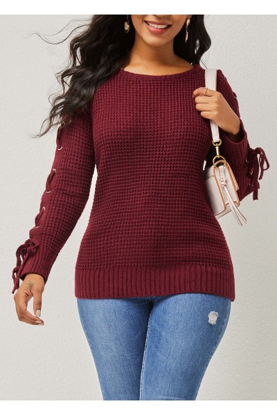 Wine Red Lace Up Round Neck Sweater