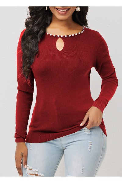 Wine Red Pearl Detail Keyhole Neckline Sweater