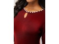 Wine Red Pearl Detail Keyhole Neckline Sweater