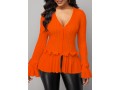 Zipper Closure Orange Flare Sleeve Chiffon Panel Sweater