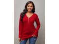 Zipper Detail V Neck Long Sleeve Red Sweater