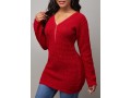 Zipper Detail V Neck Long Sleeve Red Sweater