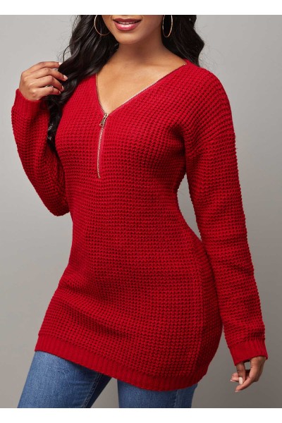 Zipper Detail V Neck Long Sleeve Red Sweater